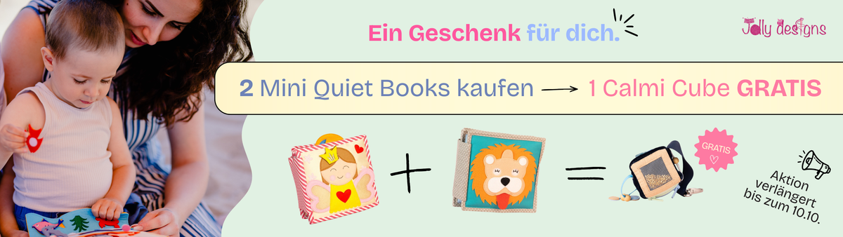 Wähle 2 Mini Quiet Books – dein Calmi Cube ist gratis.